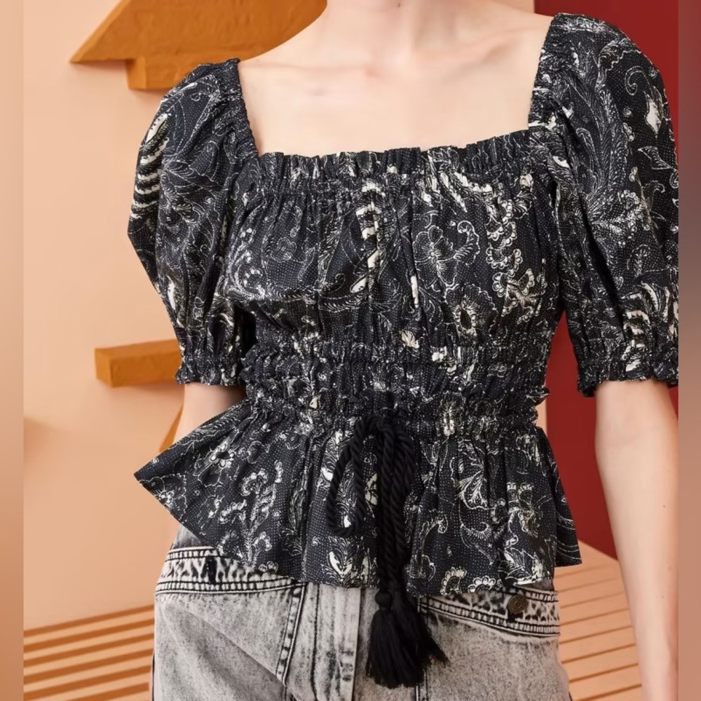 Ulla Johnson Evita Blackbird Print Peplum Puff Sleeve Top Size 4